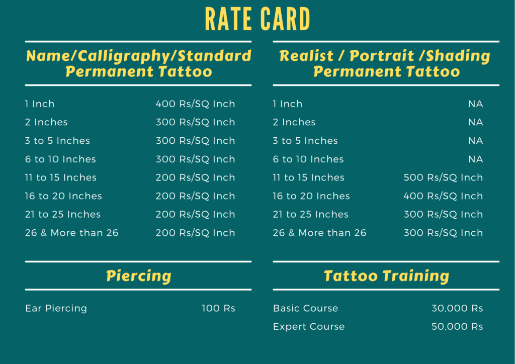 Rate Card Prick Gun tattoo studio