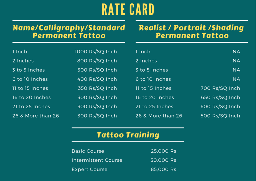 Rate Card St.Michael's Tattoos