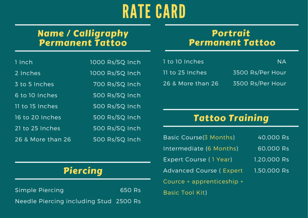 Rate Card Modified Ink Indeep Tattoo & Piercing Studio