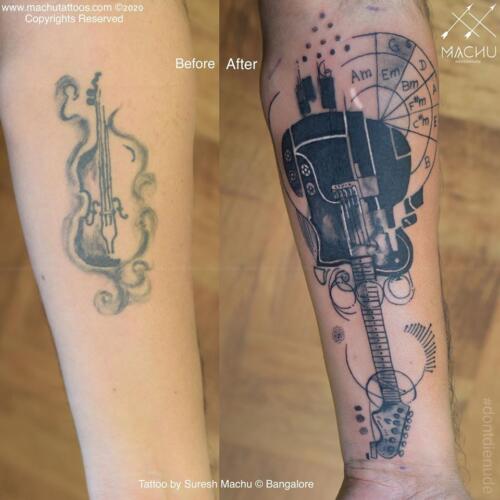 Lexica - A tattoo of violin with music coming out and going around the arm  are in black and white